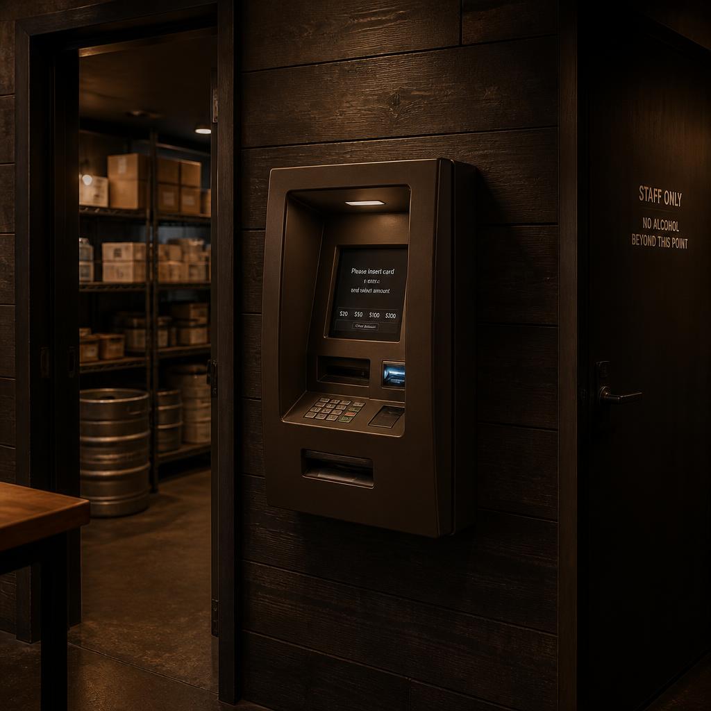 Brown-labelled unbranded discreet ATM machine with plain matte finish installed on a dark timber wall in an Australian licensed venue staff area