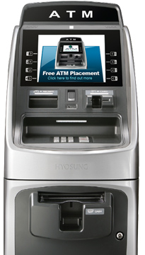 Hyosung freestanding ATM machine with on-screen Free ATM Placement message — ready-to-install unit for Australian venues at zero cost to the site