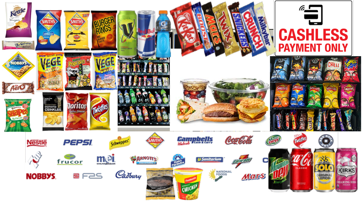 Huge range of vending machine products — leading Australian brands of drinks, snacks, chocolates, chips, meals, noodles and coffee for free workplace vending machines