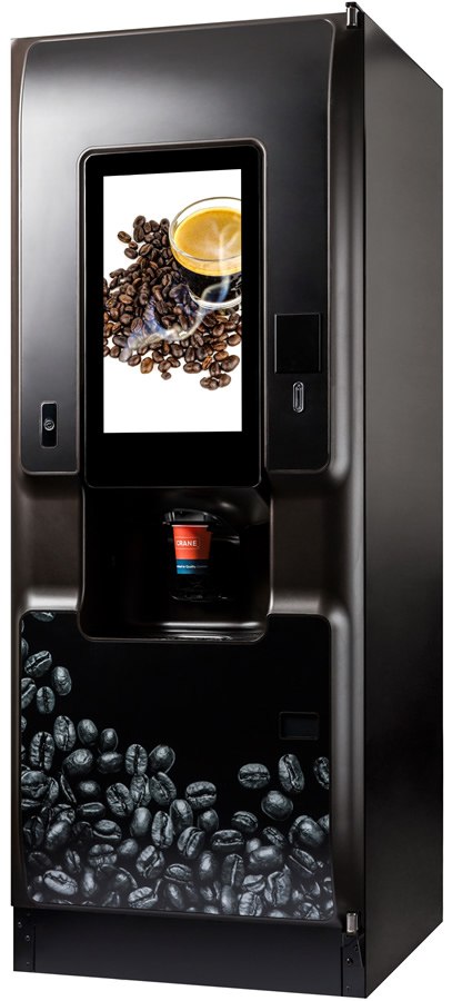 Crane Coti bean-to-cup powdered-milk coffee vending machine — compact free-standing unit for Australian workplaces without plumbed water