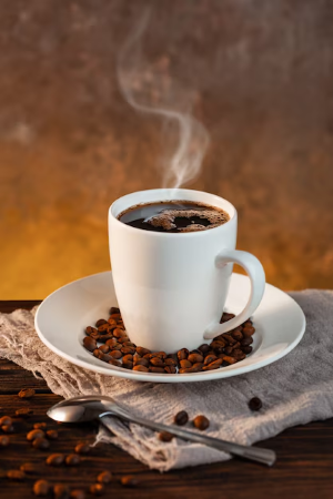 Fresh flat white coffee in a ceramic cup from a workplace coffee vending machine