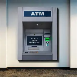 Through-the-wall ATM machine installed at an Australian retail site with a Money Buys Happiness screen — 24/7 external cash access with no impact on internal floor space