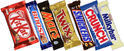 Chocolate bars in free snack vending machines — Kit Kat, Boost, Mars, Twix, Snickers, Crunch and Milky Bar