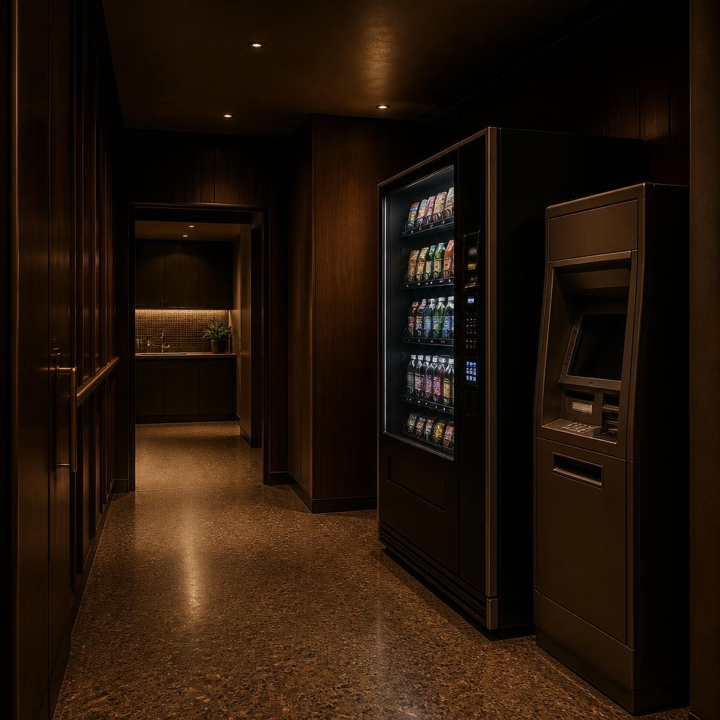 Discreet back-of-house corridor of an Australian licensed adult venue with a cashless combo vending machine and a brown-labelled ATM installed against a dark timber wall