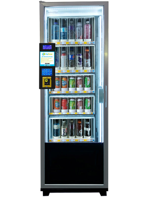 Smart cooler drink vending machine with cashless Nayax reader — glass-door fridge stocked with drinks, monitored by telemetry across Australia