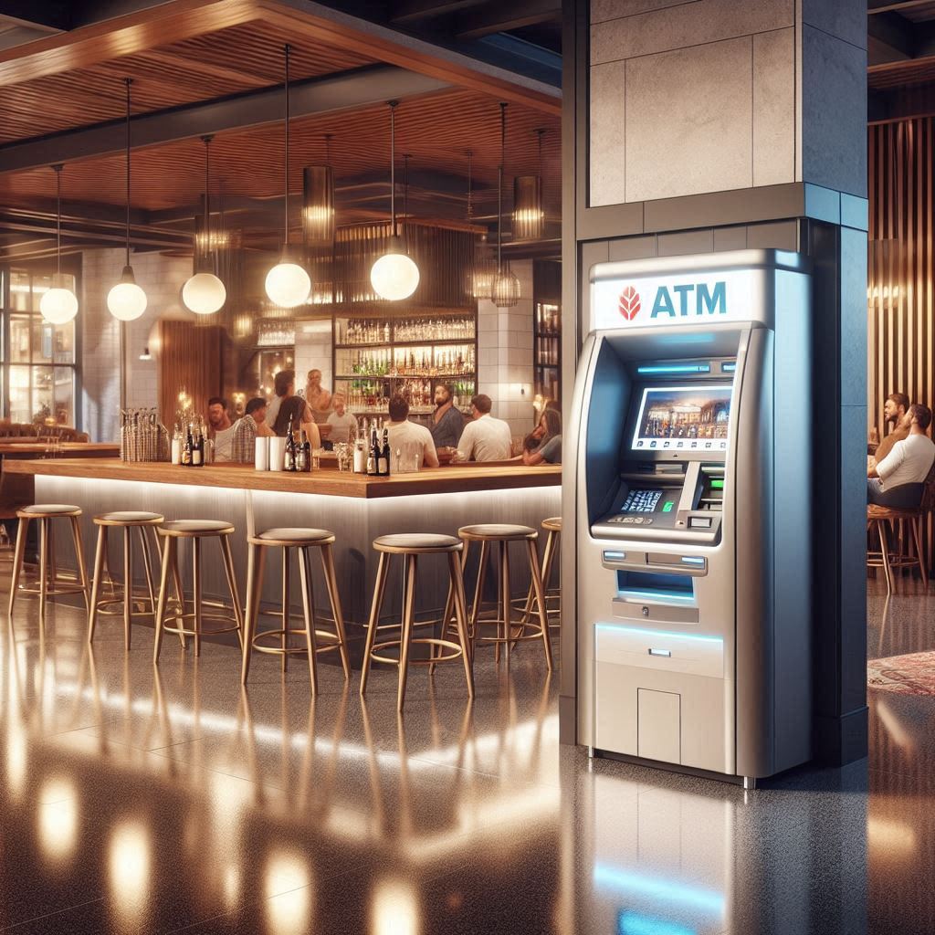 Free-placement freestanding ATM machine installed inside a modern Australian hospitality venue next to a busy bar, ready for 24/7 cash access for patrons