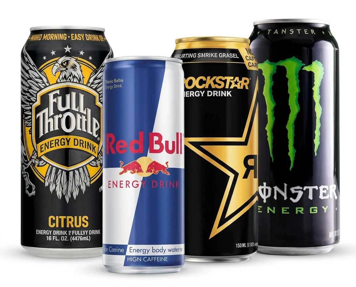 Range of energy drinks stocked in Australian gym vending machines — Red Bull, Monster, Rockstar and Full Throttle citrus