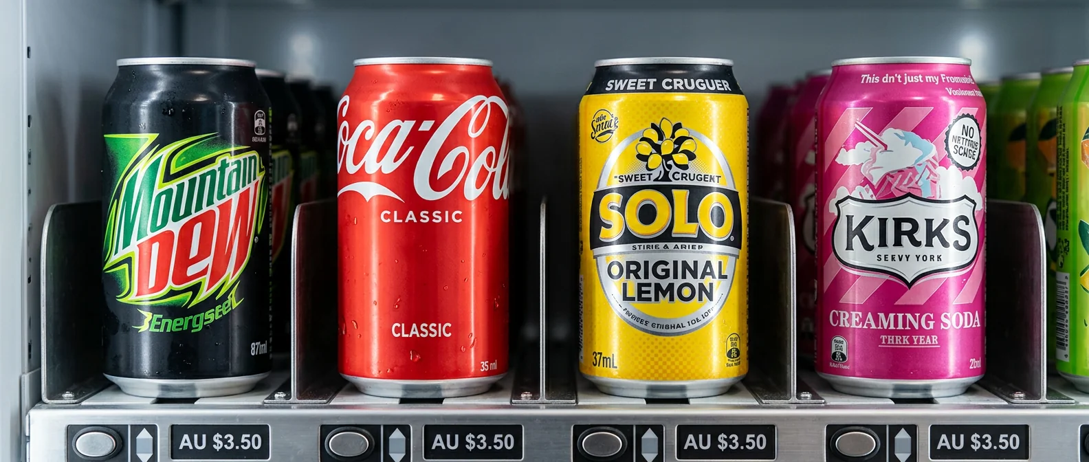 Soft drink cans stocked in a free drink vending machine — Mountain Dew, Coca-Cola Classic, Solo, Kirks Creaming Soda