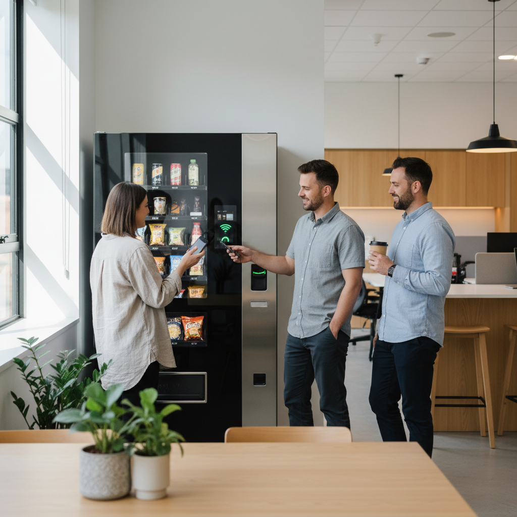 A modern vending machine in an office breakroom, illustrating the many benefits of a vending machine at work.