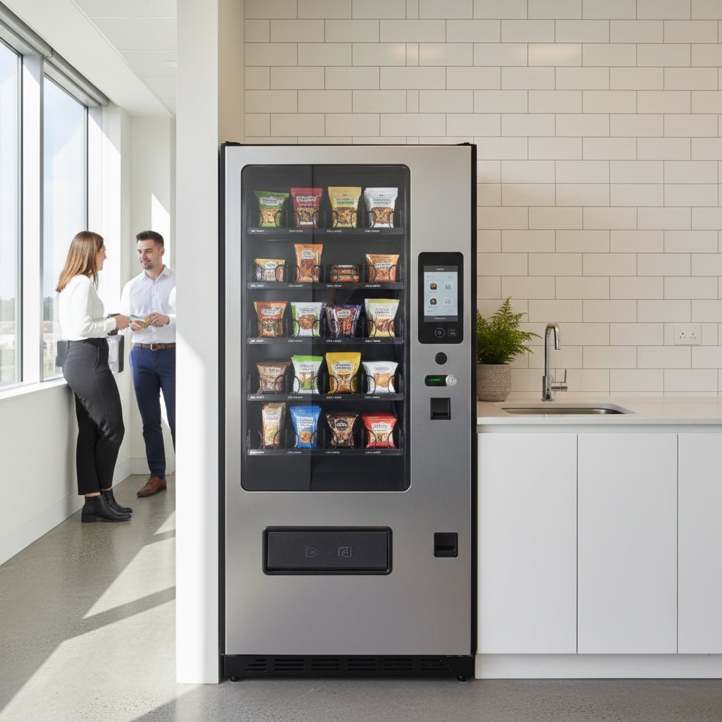 A sleek, black combination vending machine for a small office, placed neatly against a wall near a kitchenette.