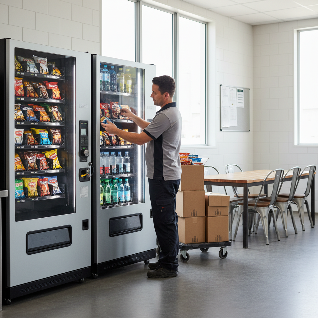 A modern, black vending machine with a cashless payment reader, demonstrating a no cost vending machine hire in an Australian office.