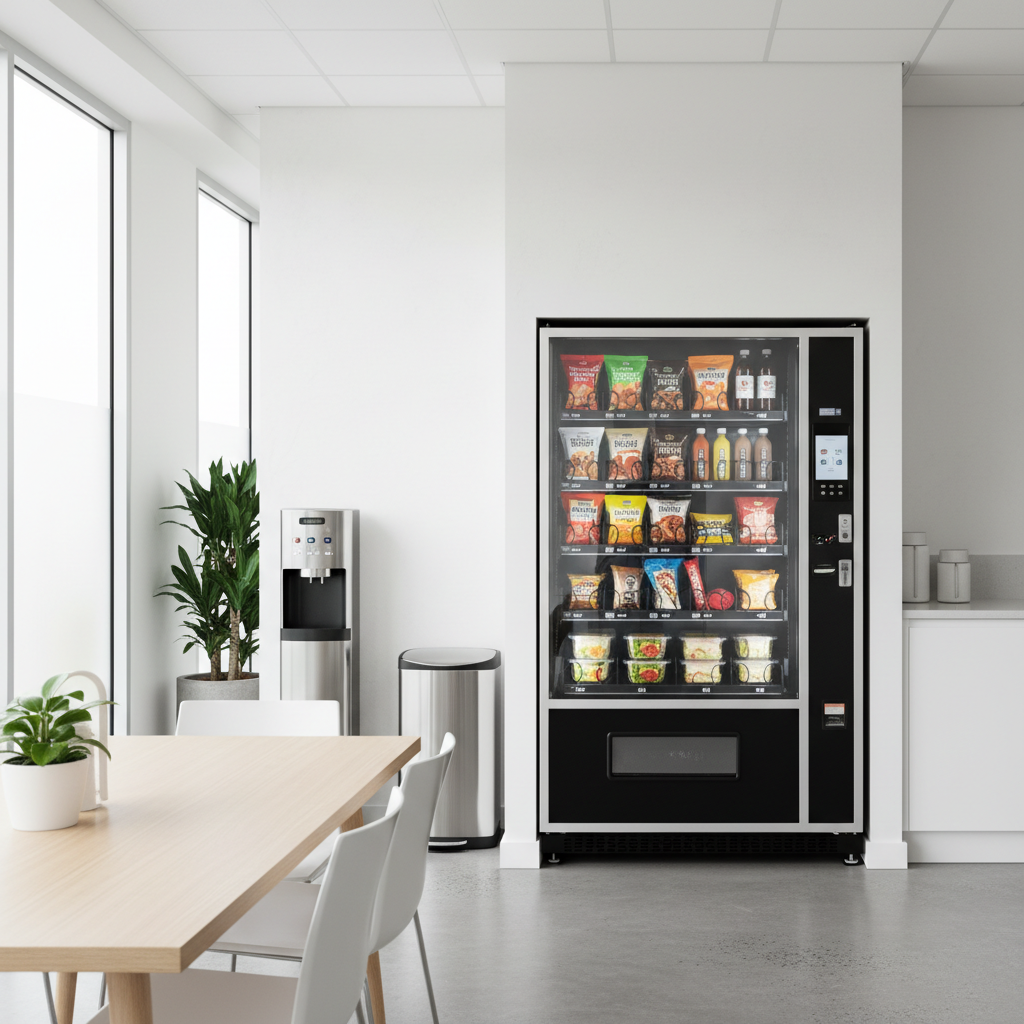 A modern free vending machine installed in a bright Australian office, stocked with a balanced mix of popular snacks and drinks.
